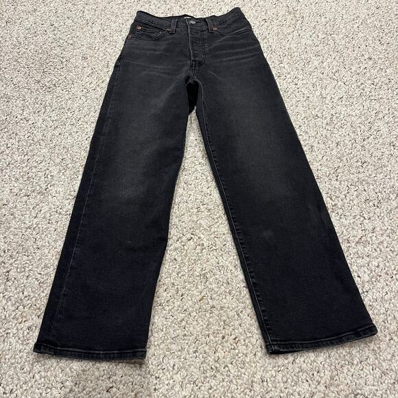 Levi's Ribcage Straight Ankle Jeans Black Sz 24 Denim High Waist Grunge Denim - Picture 1 of 7